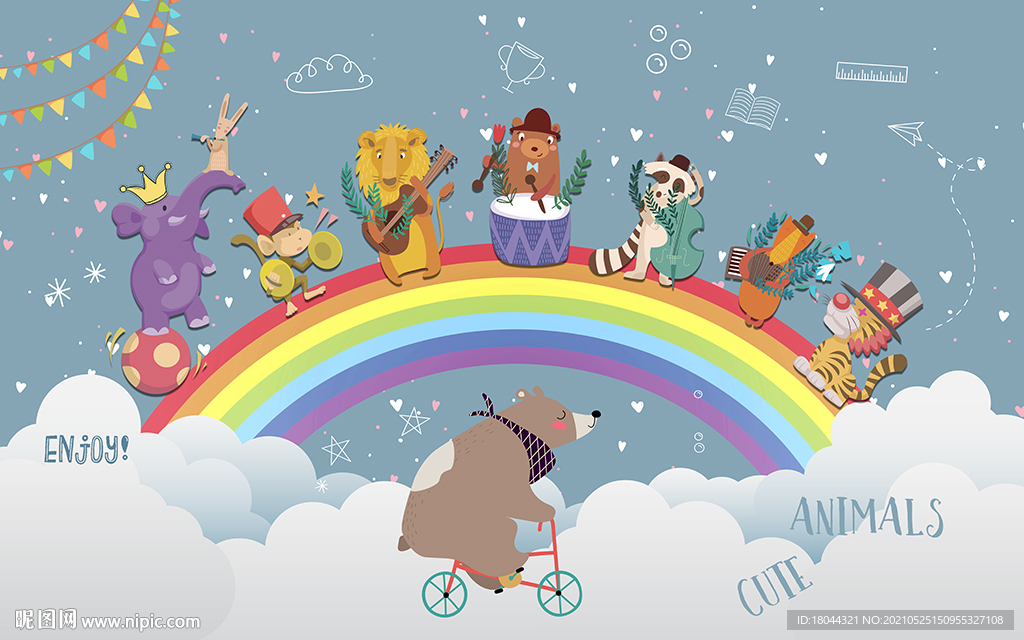 可爱卡通小动物彩虹儿童房背景墙