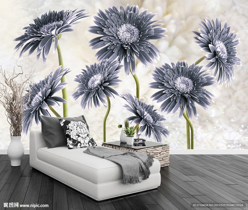 现代简约手绘素雅花卉背景墙