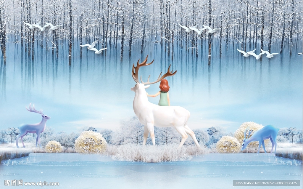 北欧冰雪麋鹿背景墙