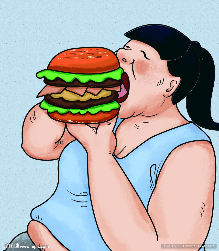 插画吃大汉堡的女孩