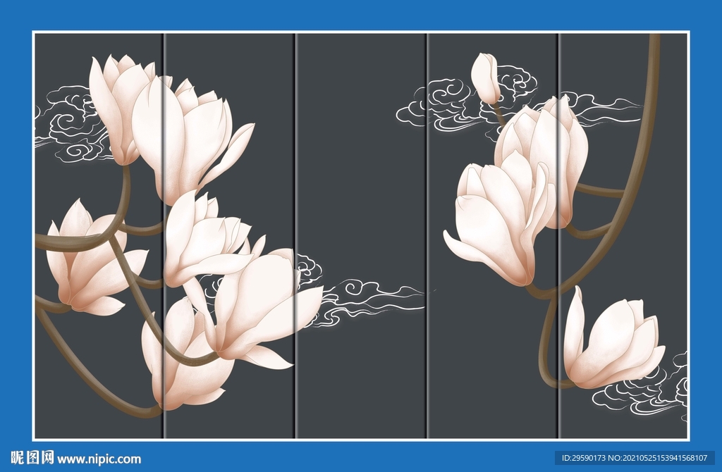 新中式手绘水彩玉兰花电视背景墙