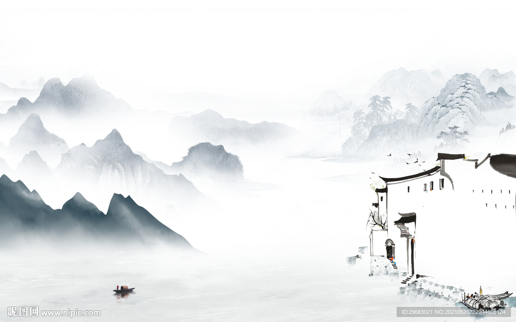 新中式山水背景墙画 tif分层