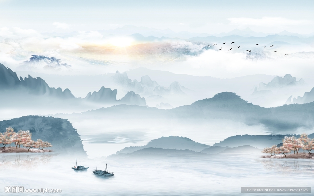 中式山水背景墙画 tif分层