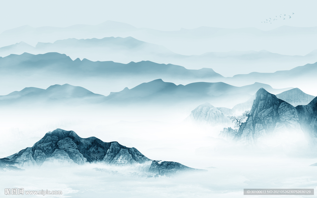 蓝色高端墙画山水 TIF分层