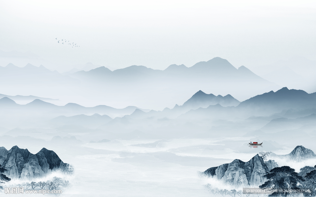 中式高端墙画山水 TIF分层