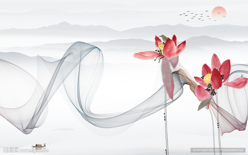 荷花山水无框新画 TIF分层