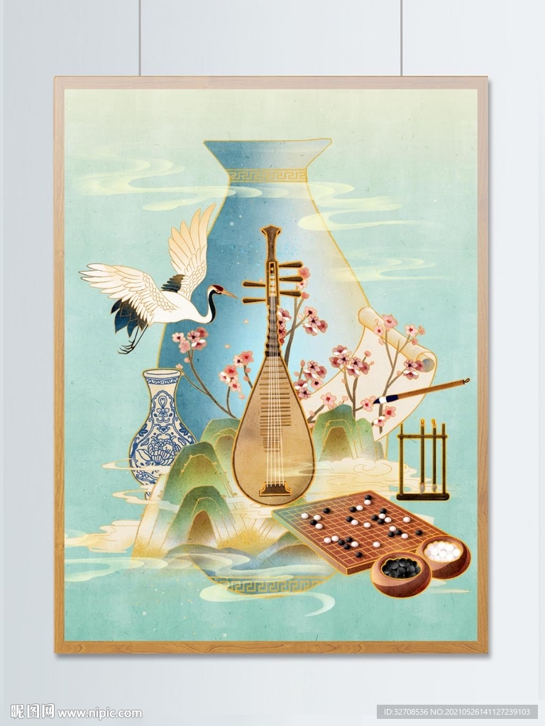 中国传统文化国潮琵琶棋盘毛笔画