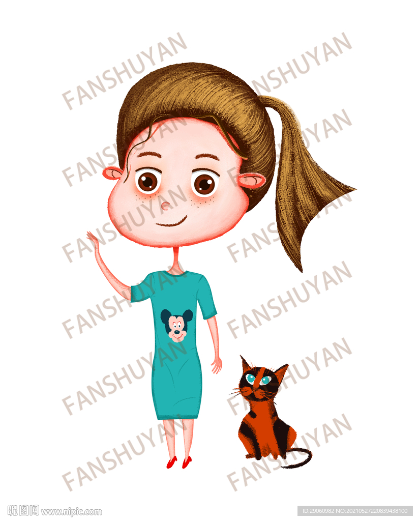 插画女孩和猫