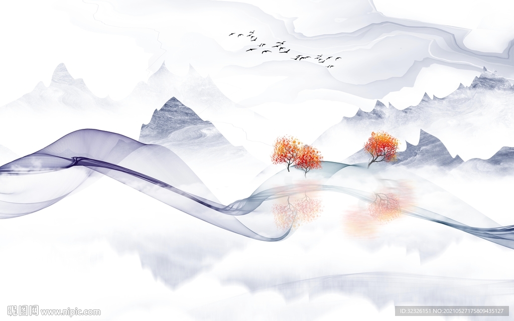 高档 山水画无框画 TIF分层