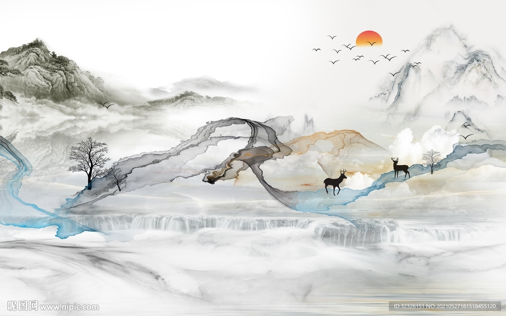 高档 山水画无框画 TIF分层