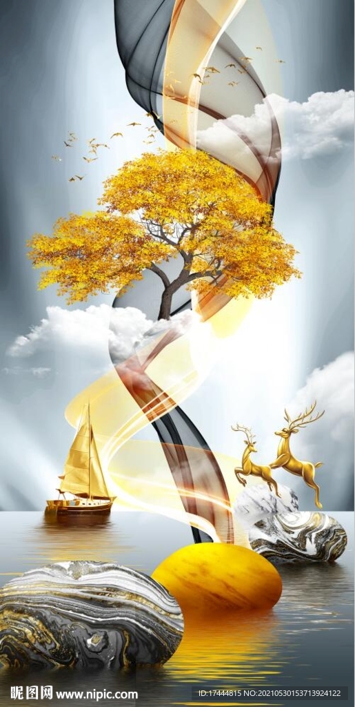 金色山水时来运转风景装饰画玄关