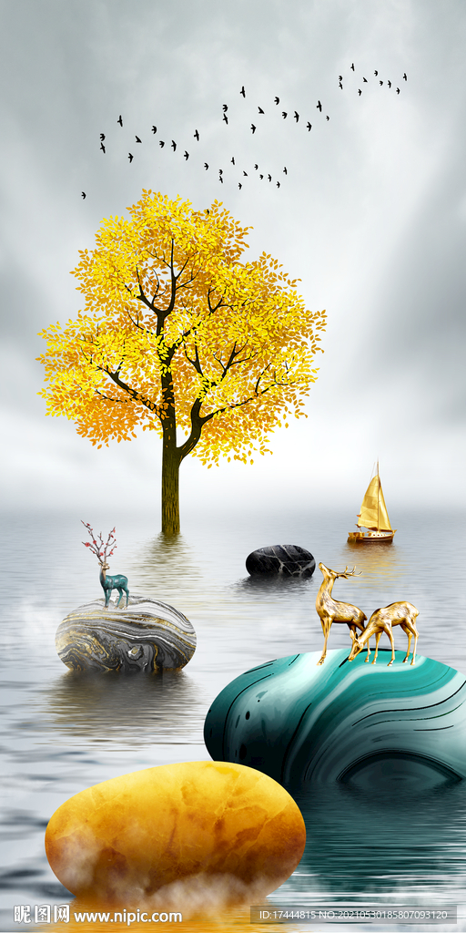 发财树玄关流水生财玄关装饰画