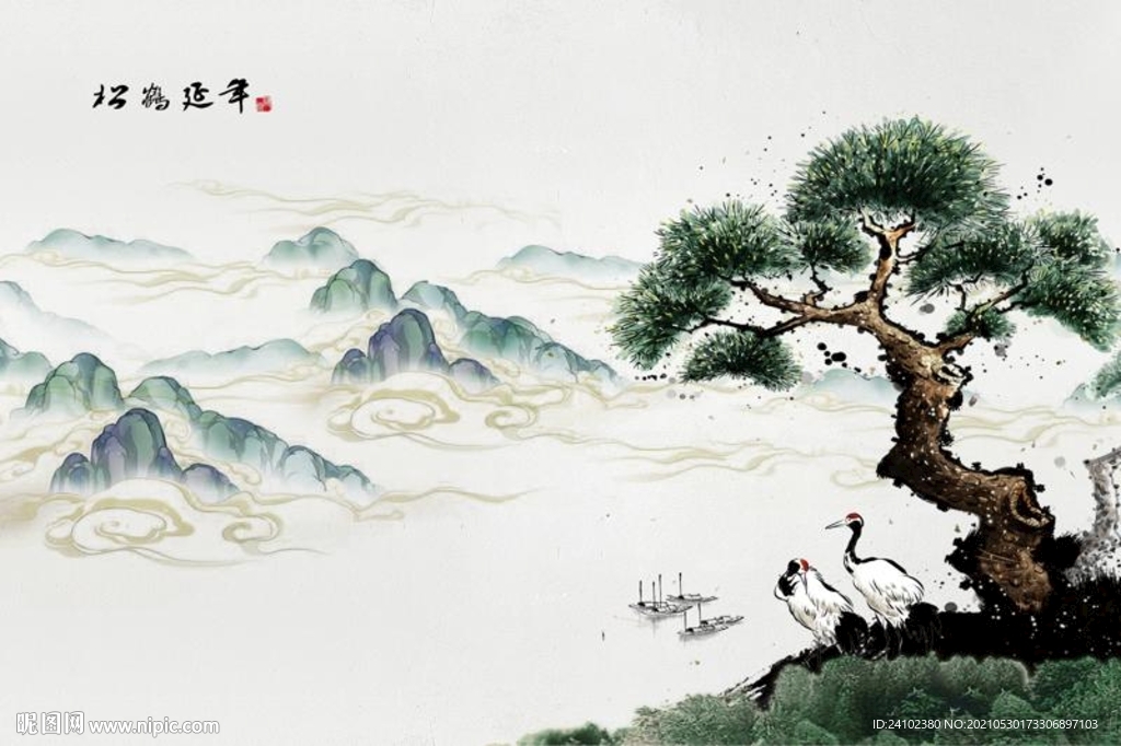 松鹤延年水墨青松仙鹤背景