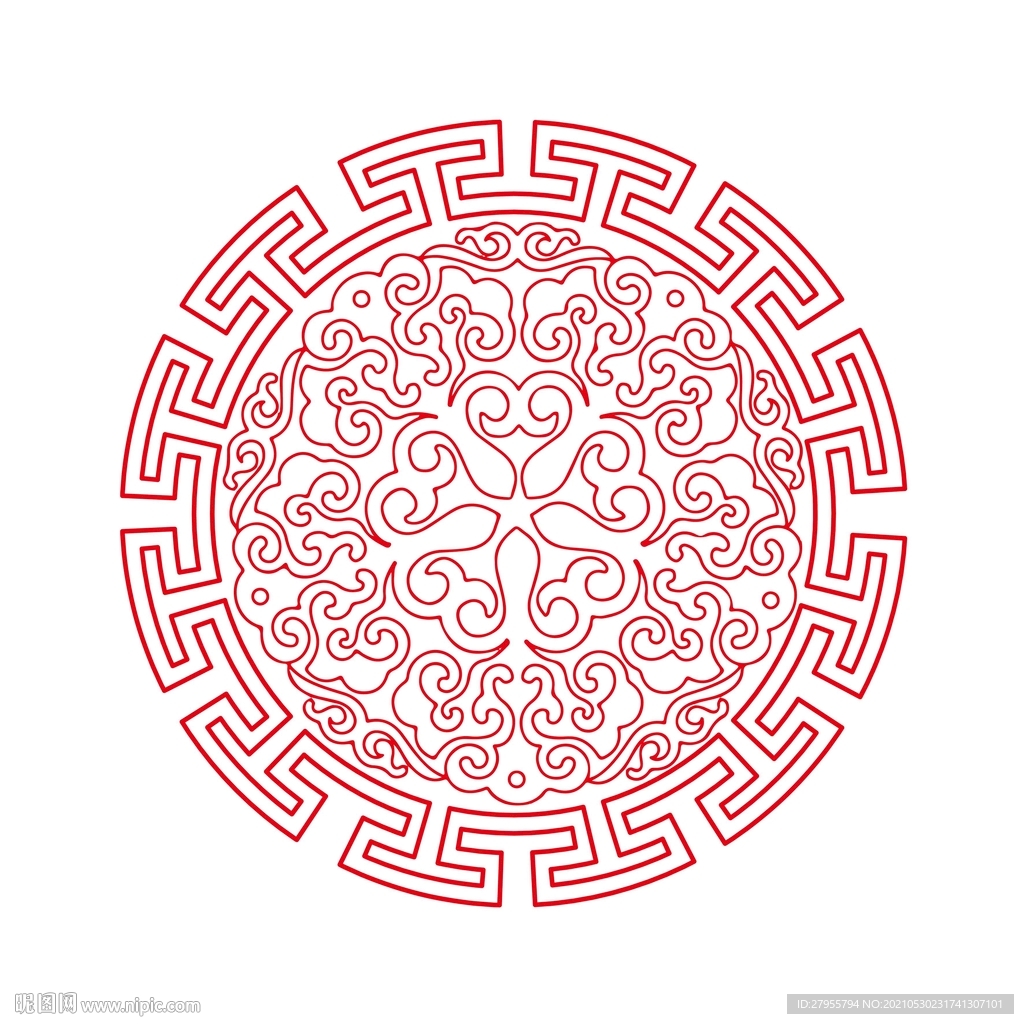 传统文化红色线描图案矢量