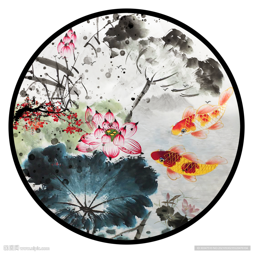 水墨荷花鱼连年有余装饰画