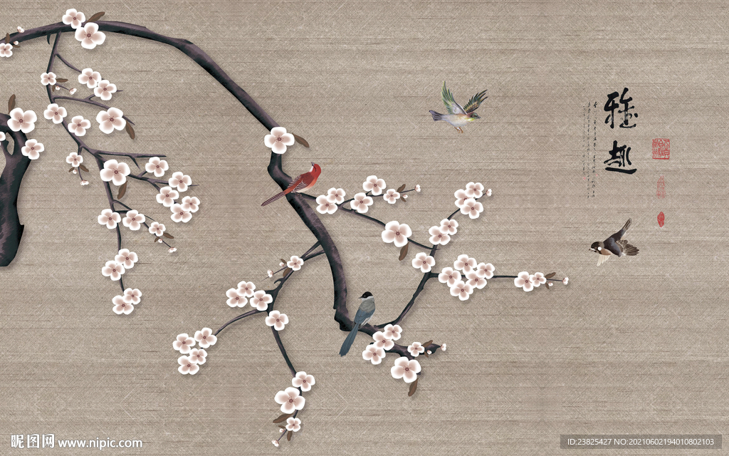 新中式手绘玉兰花鸟电视背景墙