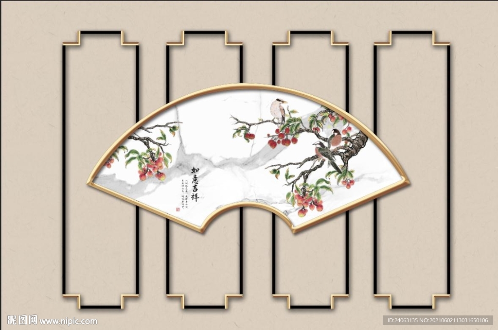 古典屏风工笔花鸟如意吉祥背景墙