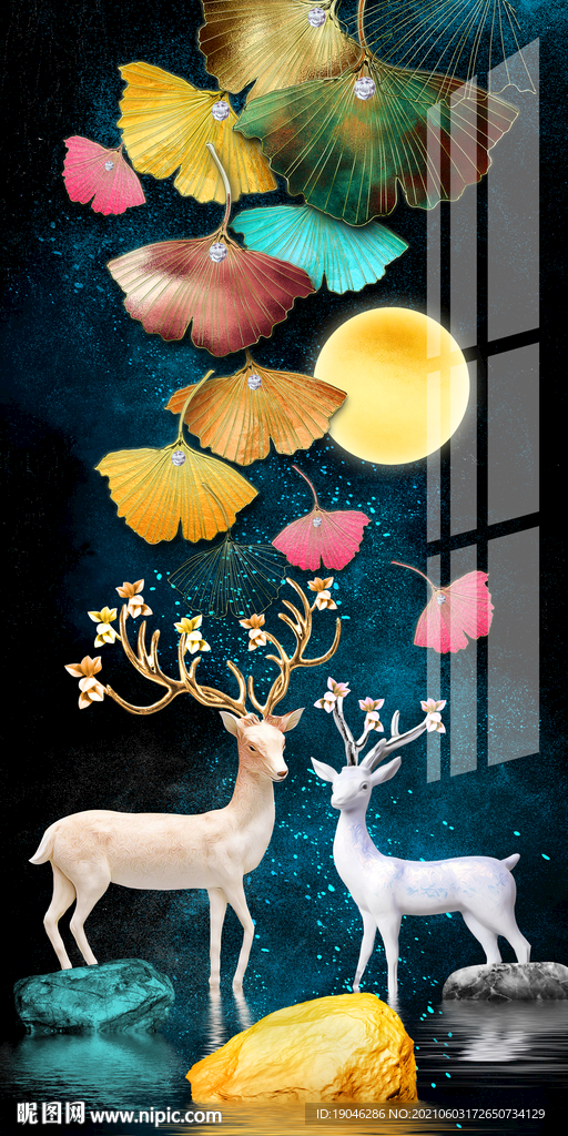 金色银杏叶麋鹿轻奢玄关