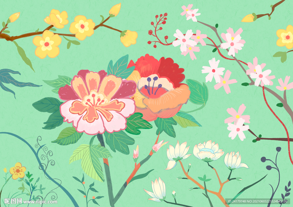 春天花朵纯插画