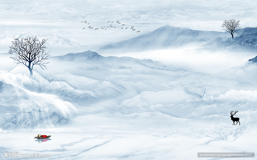 蓝色新款中式山水 tif分层