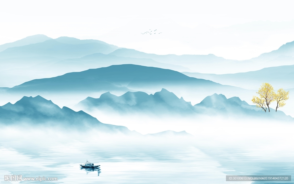 蓝色爆款山水墙画 TIF分层