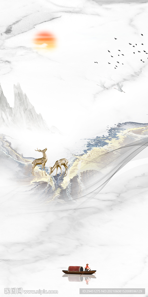 麋鹿 山水画玄关 分层TIF图