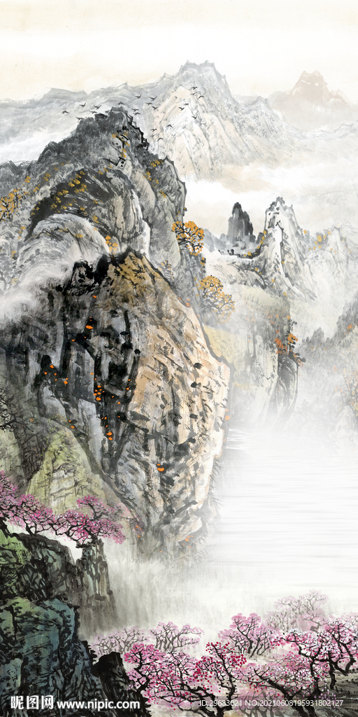 无框画山水新玄关画 分层文件 