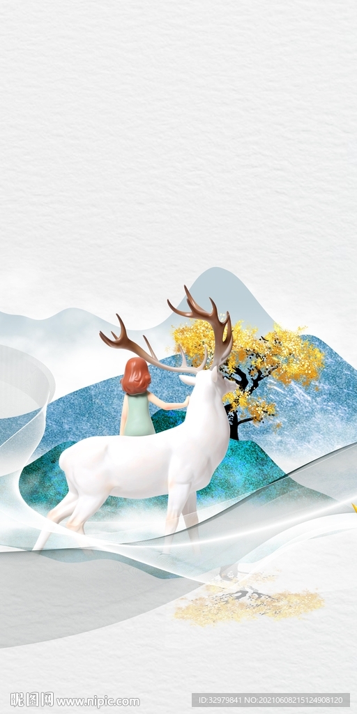 麋鹿玄关山水 TIF分层画 