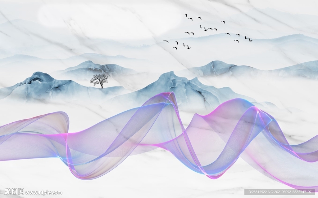 曲线烟雾山水新中式背景墙