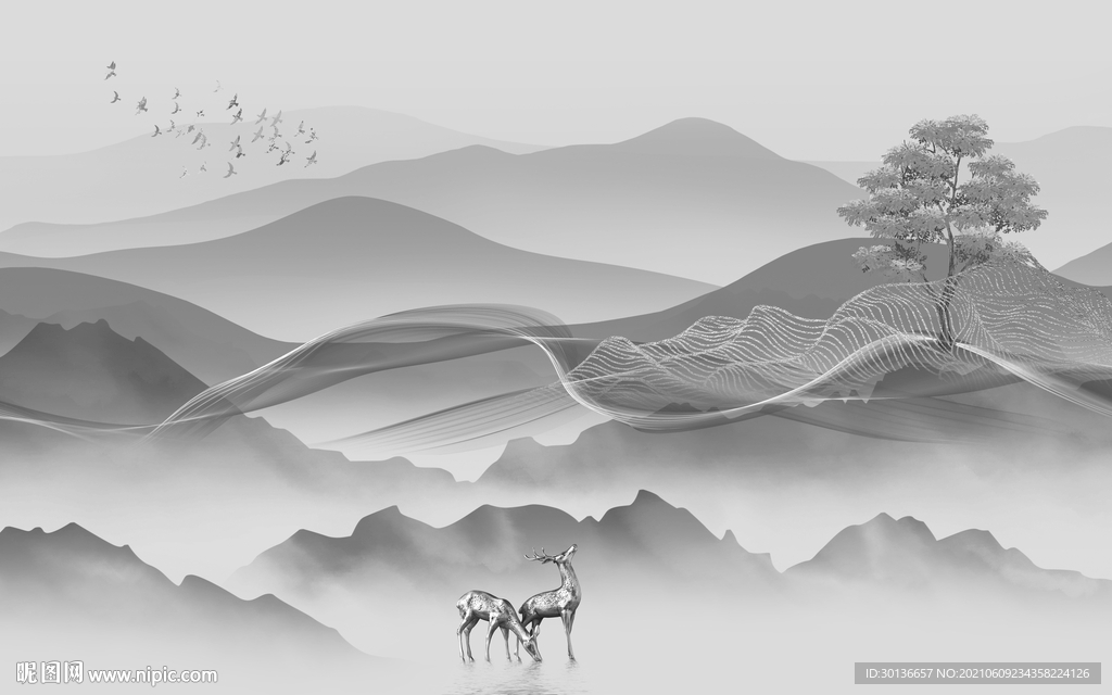 爆款客厅山水背景 TIF分层