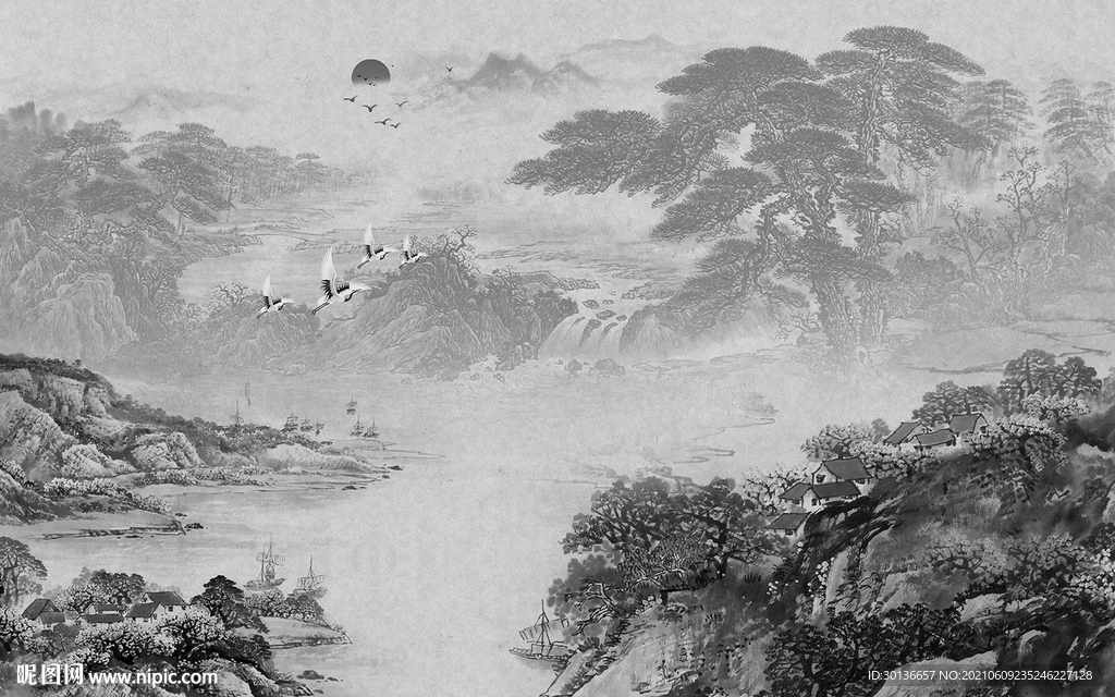 新中式客厅山水背景 高档分层