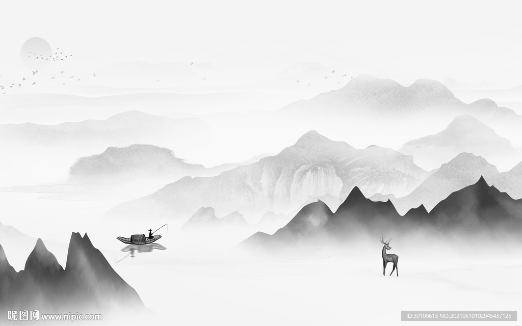 灰色大气墙画山水 TIF分层