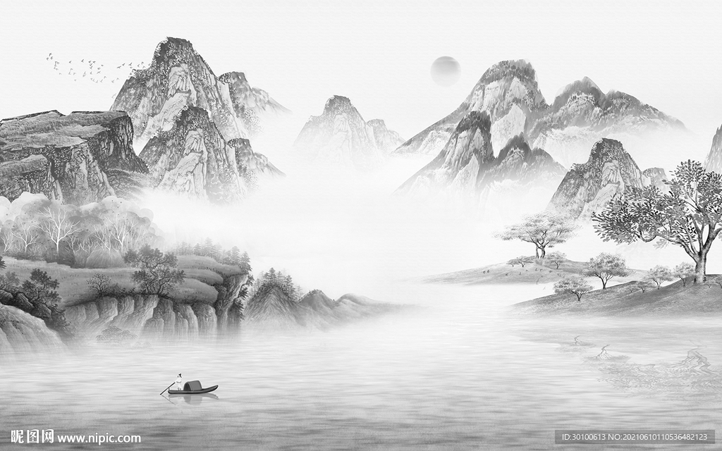 新中式灰色墙画山水 TIF分层
