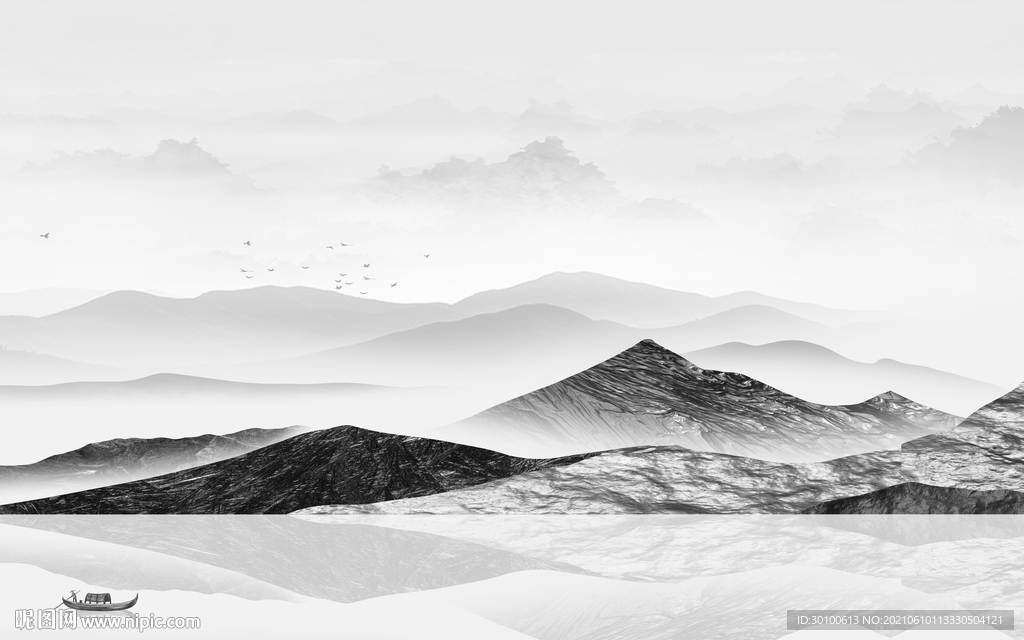 中式灰色墙画山水 TIF分层