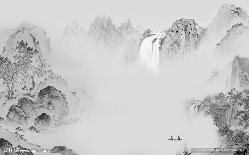 国画客厅山水背景 文件分层 