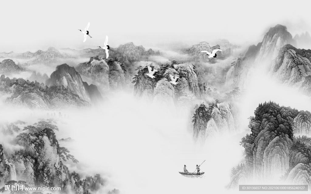 新中式山水背景墙画 tif分层