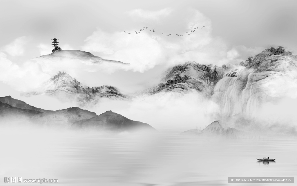 客厅 山水背景墙画 tif分层