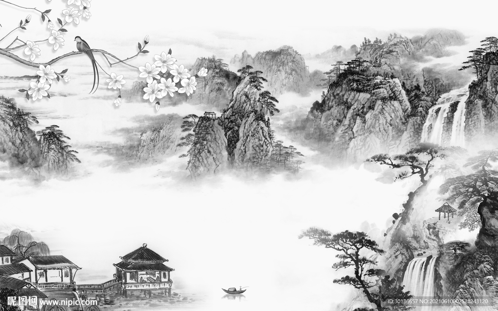 花鸟 山水背景墙画 tif分层