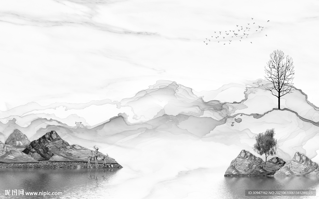 中式灰色山水 TIF分层文件