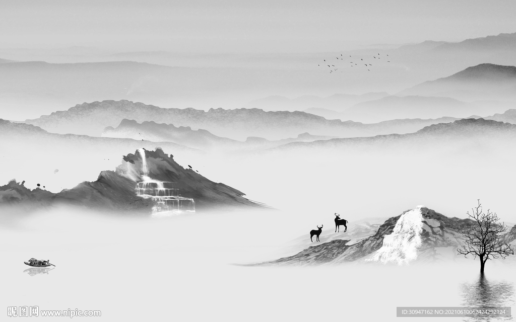 无框画灰色山水 TIF分层