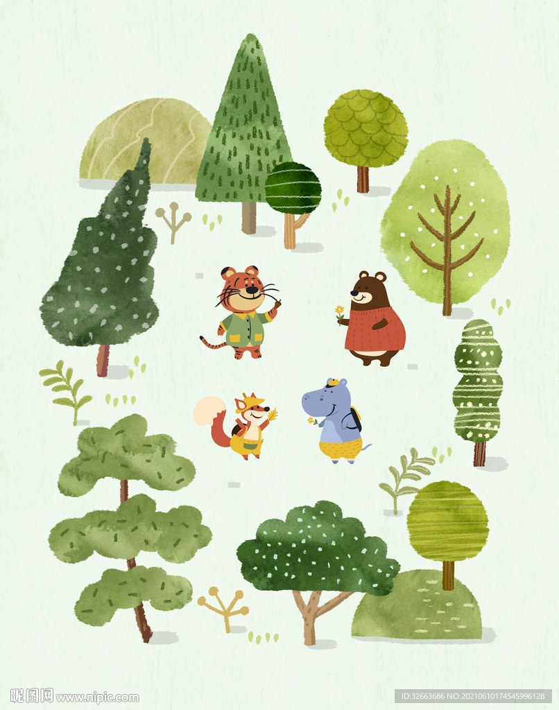 卡通手绘树动物