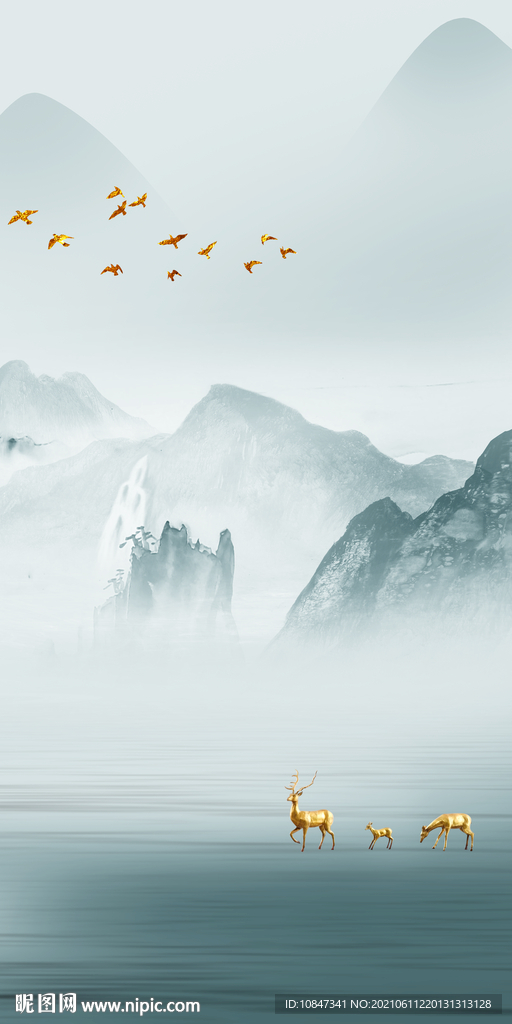 中式玄关意境山水 文件分层 