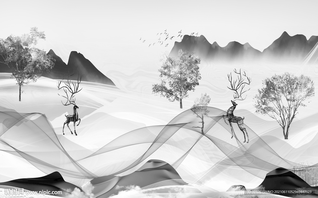 高雅 灰山水画 tif文件分层