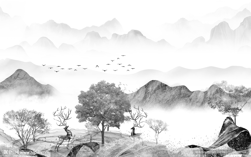 新款客厅灰山水画 tif分层