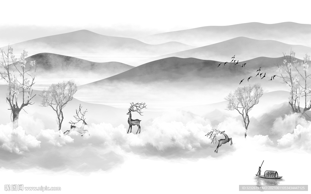 新中式客厅灰山水画 tif分层