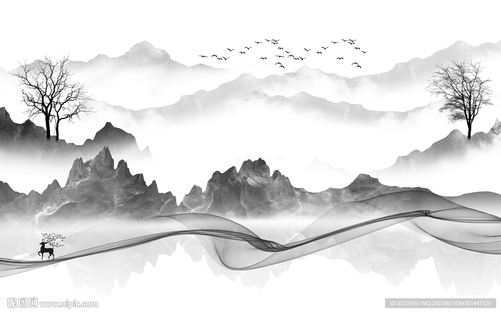 中式 客厅灰山水画 tif分层