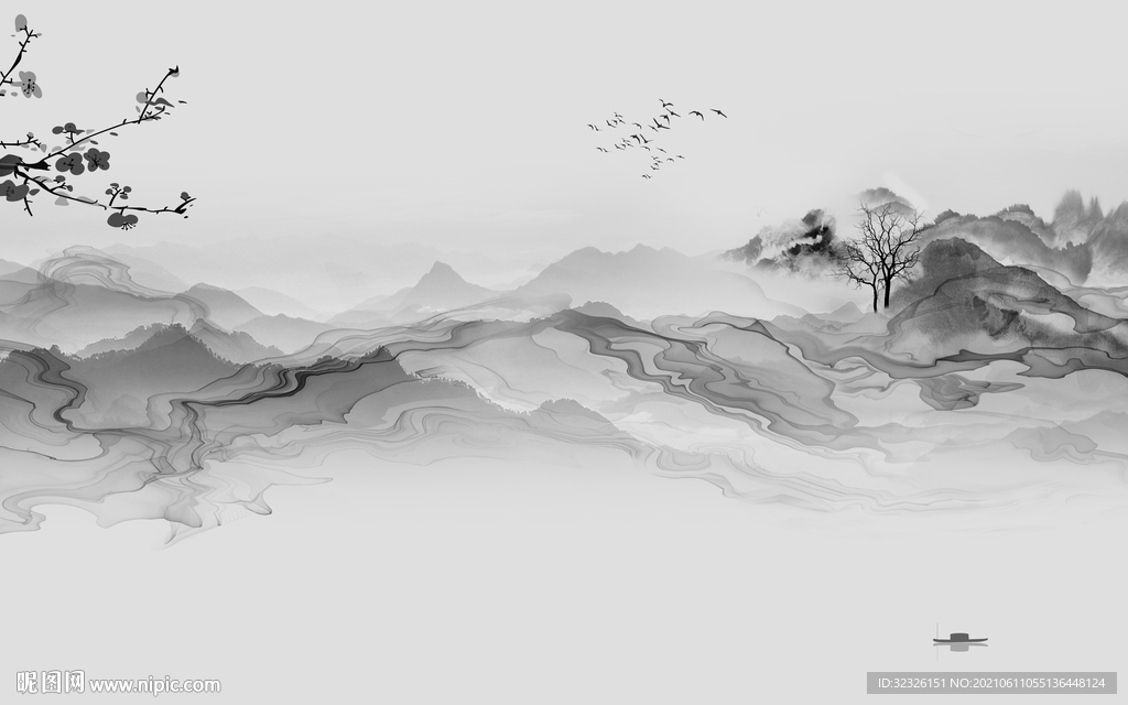 新品 客厅灰山水画 tif分层