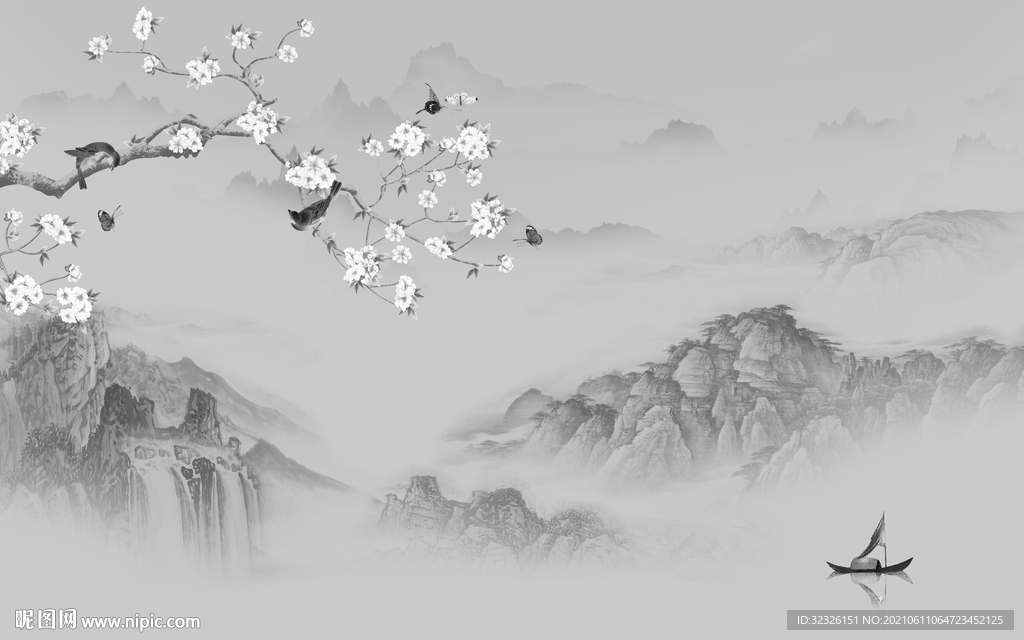 新品山水画灰色画 TIF分层