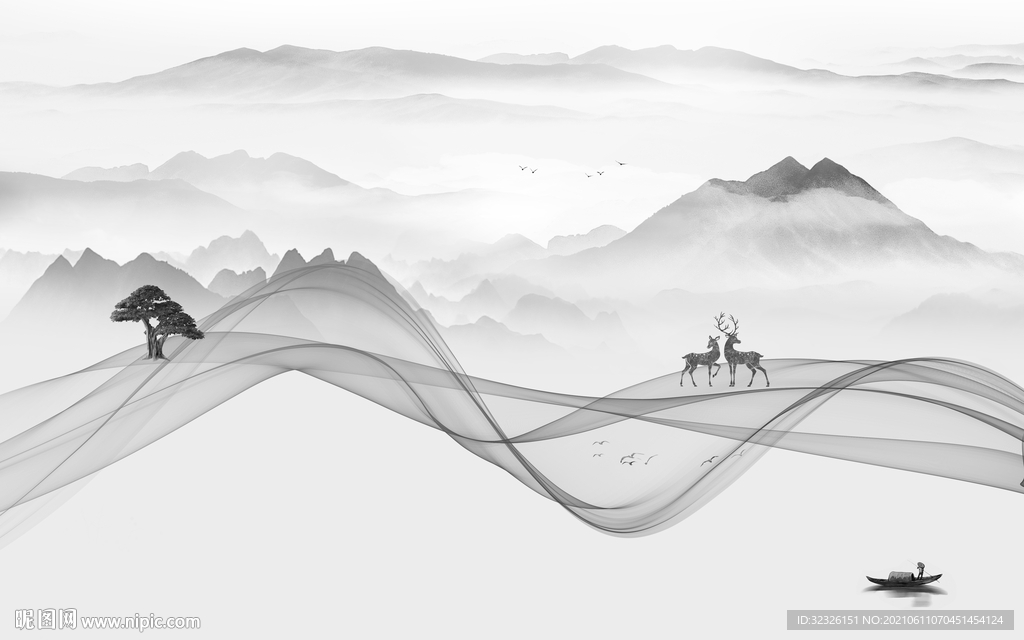 线条山水画灰色画 TIF分层