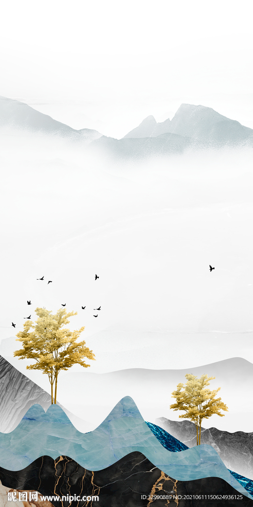 新中式山水 新无框玄关画 